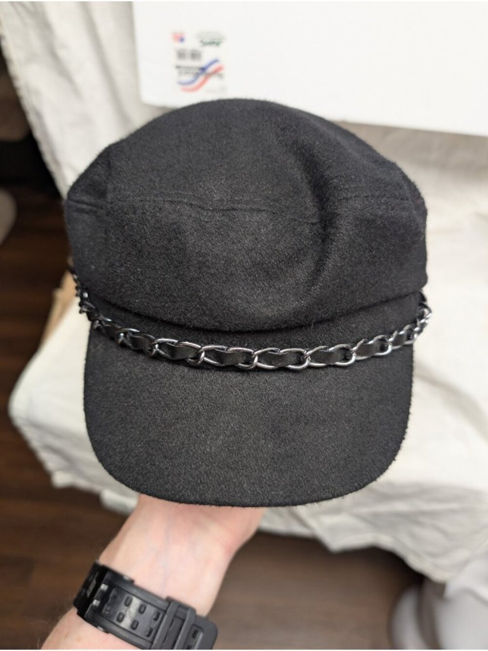 Miss Shop Black Wool Fiddler Cap Chain Accent Fisherman Baker Boy Hat Size OS
